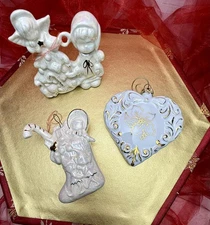 Vintage Lindner Handarbeit Germany Heart, Porcelain Christmas Ornaments Set of 3