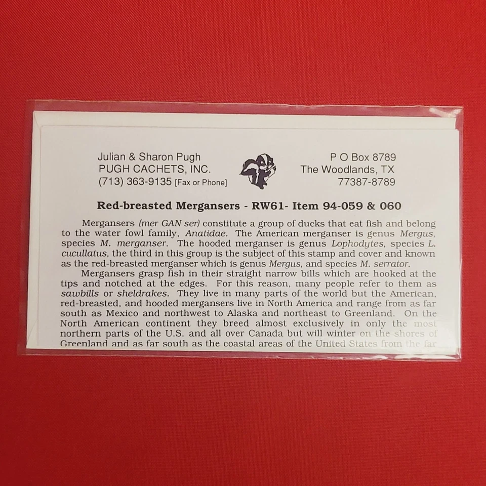 First Day of Issue Red Breasted Mergansers Stamp Cache Envelope Enclosure - Image 2 of 4