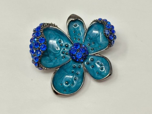 Beautiful Dark Metal Teal Blue Enamel Rhinestone Flower Brooch Pin