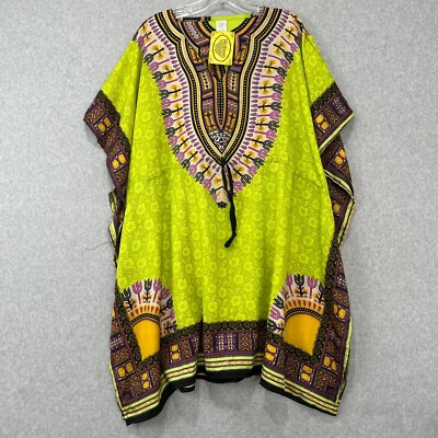 Women Hippy Boho Kaftan Tunic Dress Dashiki Caftan OS Baggy Top Green NWT