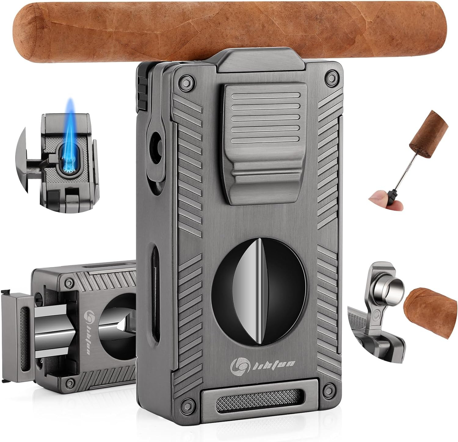 , All-in-1 Cigars Lighter Built-in Holder , Double Jet Flame