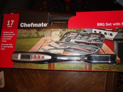 CHEFMATE 17 PIECE STAINLESS STEEL BBQ SET WITH ELECTRONIC BBQ FORK In CASE NEW