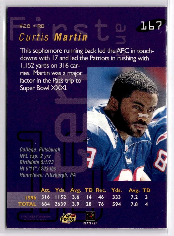 1997 Playoff First & Ten - Curtis Martin #167 Purple New England Patriots  - Image 2 of 2