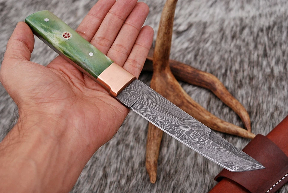 HAND FORGED DAMASCUS STEEL TANTO POINT HUNTING KNIFE & BONE HANDLE +SHEATH-.1305 - Image 4 of 4