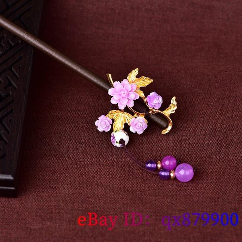 Purple Jade Flower Hairpin Jewelry Natural 925 Silver Hair Sticks Charms - Bild 4 von 5