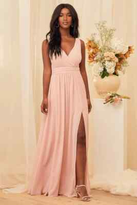 Lulus Womens Blush Pink Surplice V Neck Slit Front Heavenly Maxi Dress Size  M | eBay