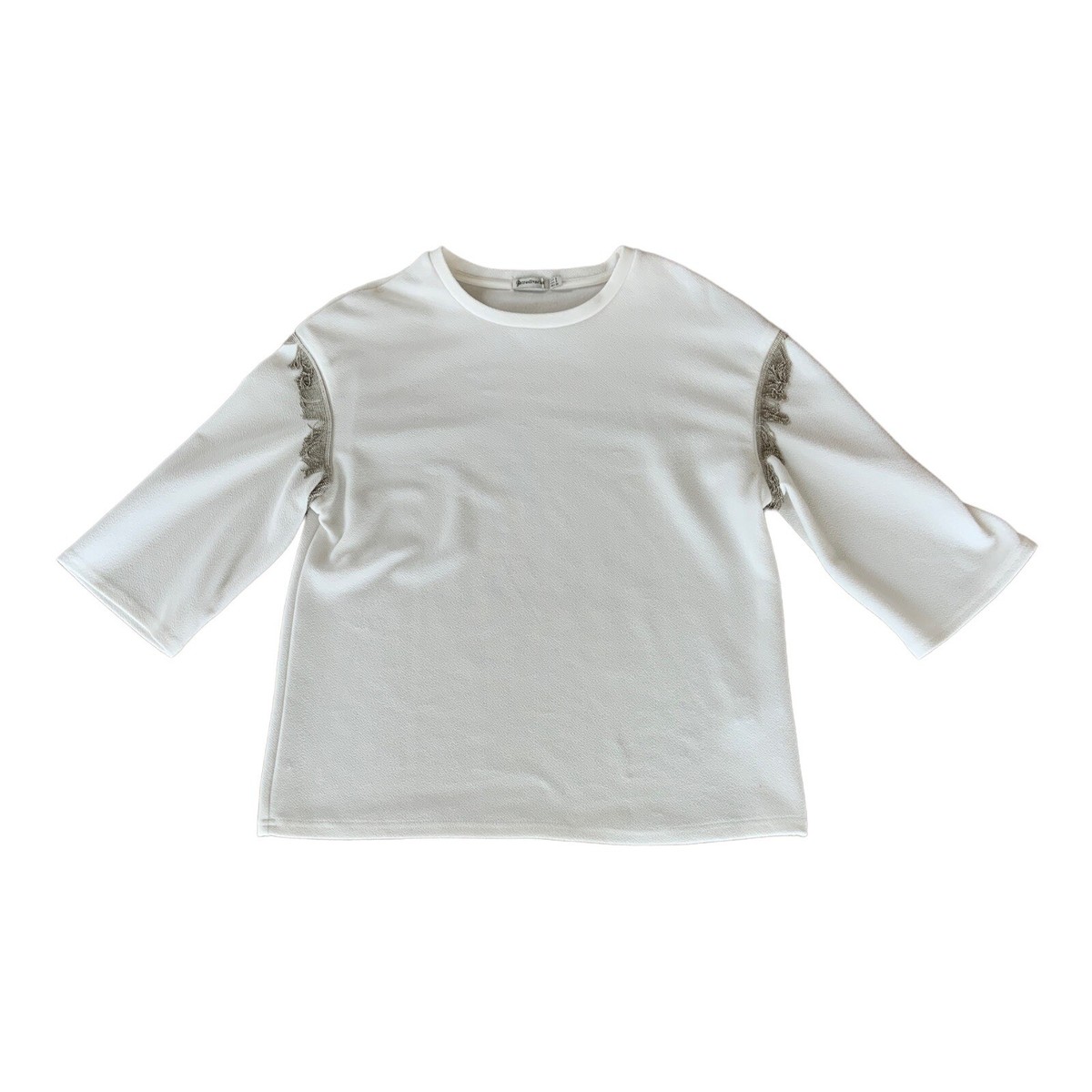 Ladies Stradivarius white 3/4 sleeve metal tassel crew neck top