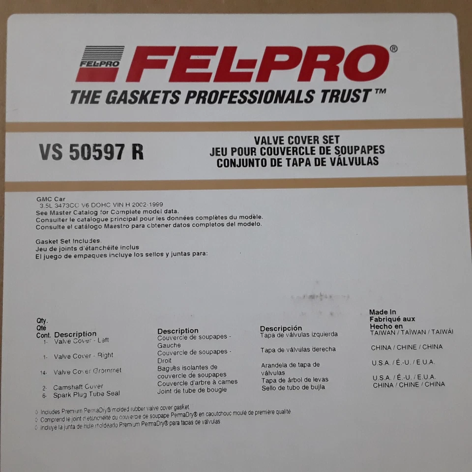 Juego de juntas de cubierta de válvula de motor Fel-Pro para Oldsmobile Aurora, Intrigue 1999-2002 Foto 4 de 4