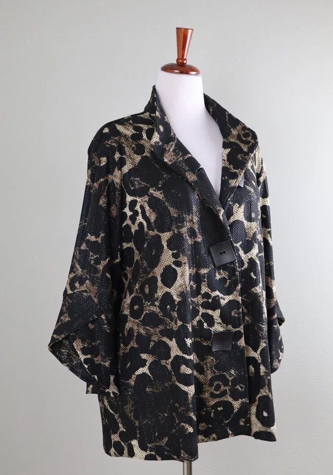 Chaqueta Top Manga Pétalos Cuello Estampado Brillo Leopardo ALI MILES $104 Talla 1X Foto 2 de 4
