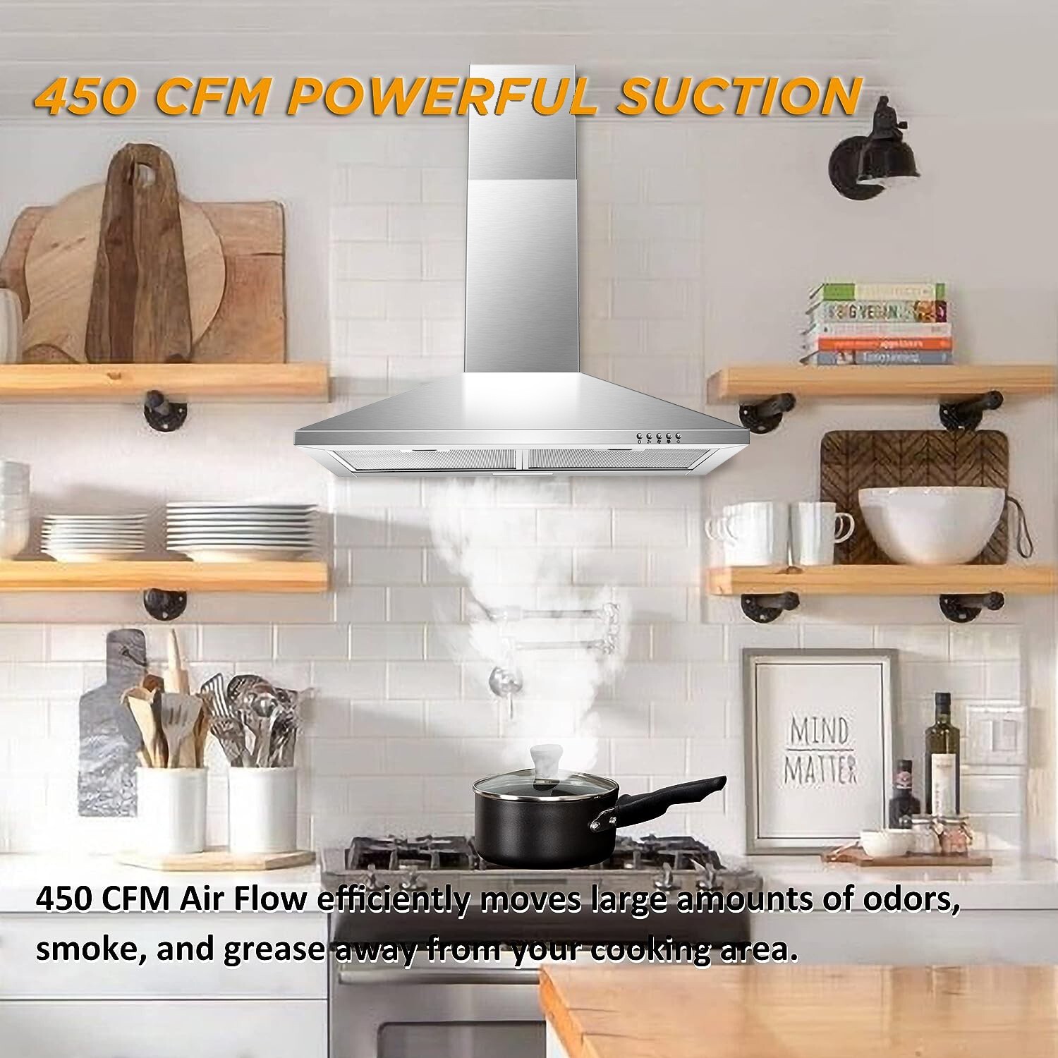 30inch Wall Mounted Kitchen Range Hood 450CFM Stainless Steel Cooking vent LED