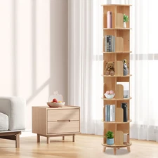 Rotating Bookshelf Cylindrical Wooden Book Rack 6 Tier Plants Storage Display