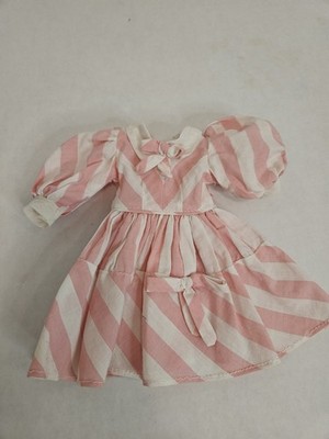 Vintage Handmade Pink & White Striped Girl 14'' Slim Doll Dress w/ Puff Sleeves