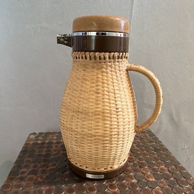 Vintage Corning Designs Wicker Rattan Wrap  Carafe Insulated Pitcher Brown Trim