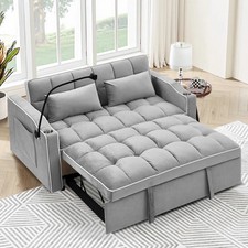 3 in 1 Convertible Futon Sofa Bed Loveseat Sleeper Phone Stand USB Gray Velvet