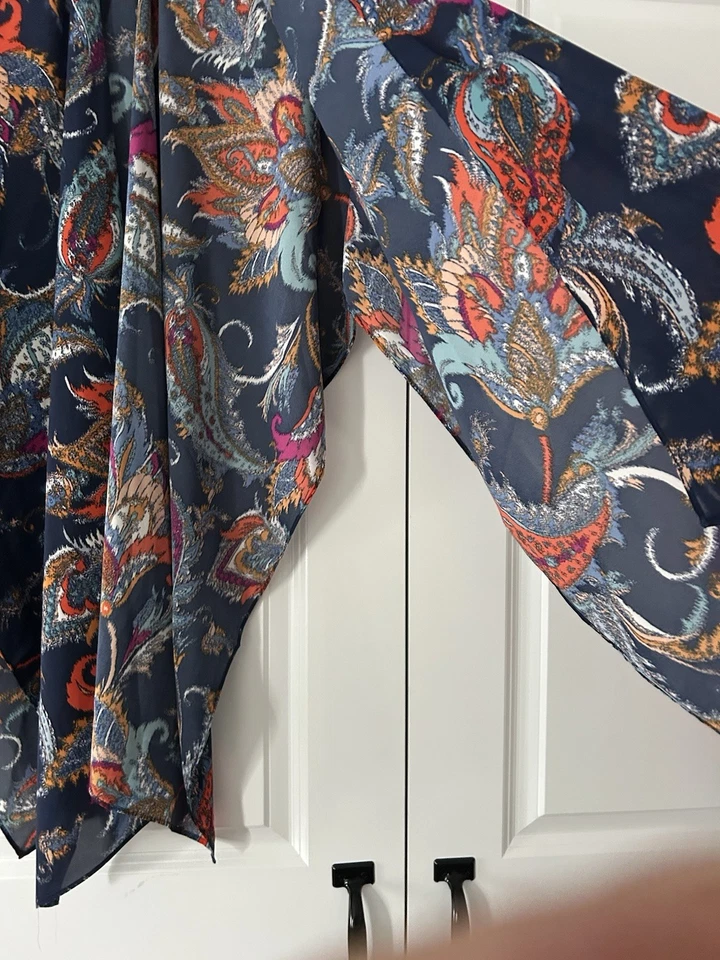 IMAN Global Chic Azul Marino Floral Gasa Multi-Uso Abierto Caftán O/S Missy Nuevo con Etiquetas Foto 2 de 4