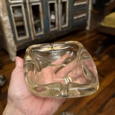 Vtg Mid Century Glass Clear Smoky Heavy Ashtray Irregular Shape 4 Slots