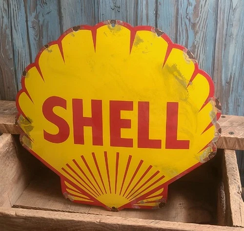 LARGE Vintage SHELL Die Cut Clam Logo Porcelain Metal Oil Gas Pump Plate Sign