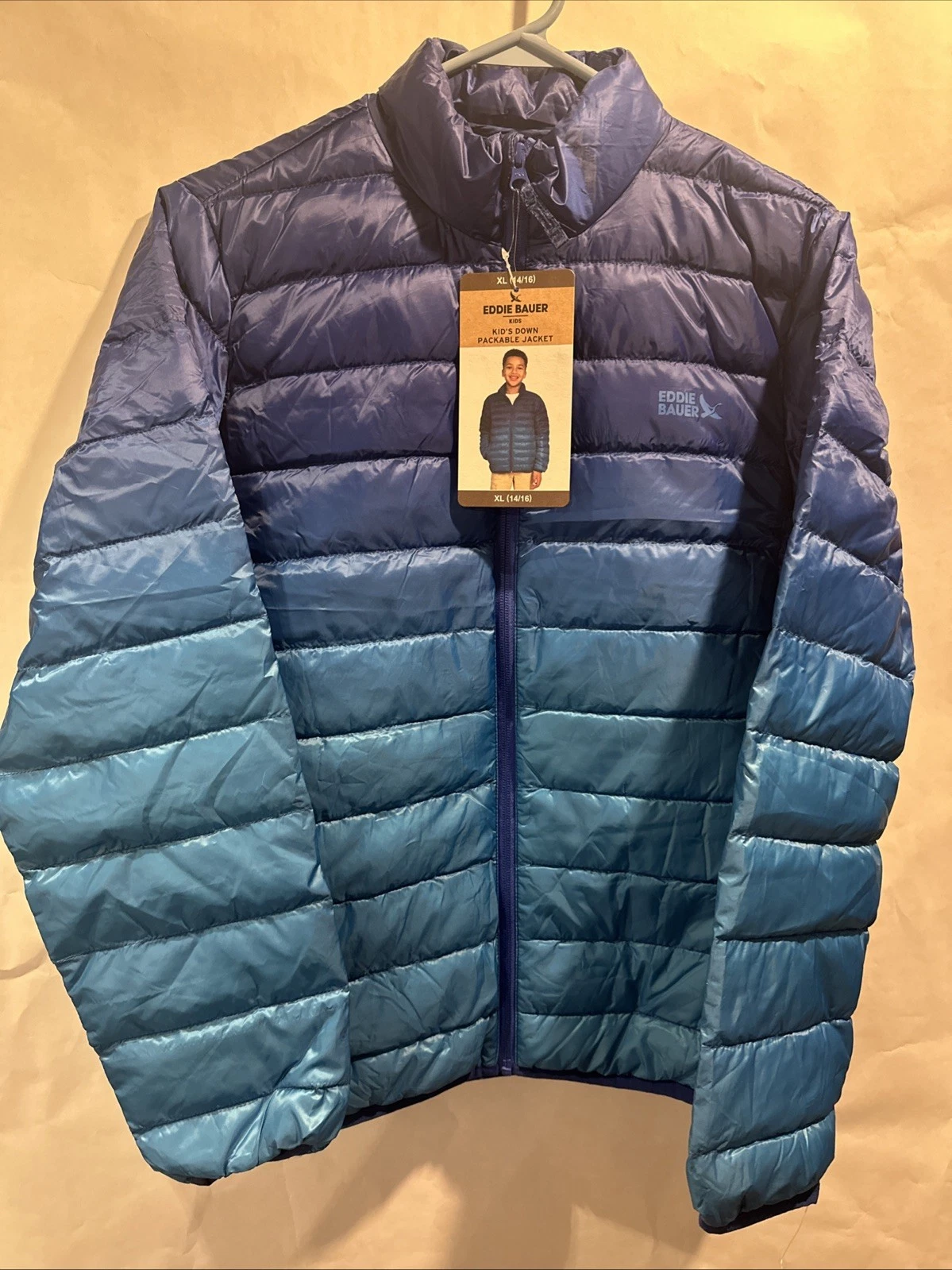 New Eddie Bauer Puffer Jacket Boys Kids XL(14/16) Blue 650 Fill Down Packable