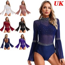 AU Women's Sheer Mesh Dance Leotard Gymnastics Figure Skating Bodysuit Dancewear