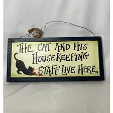 The Cat and His Housekeeping Staff Live Here Wood Sign Black Cat Bow Wall Decor