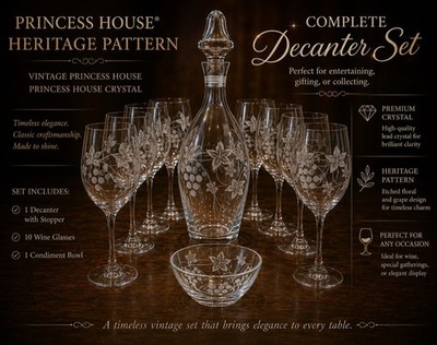 Vintage Princess House Heritage Crystal Decanter Set 10 Wine Glasses & Bowl 12pc