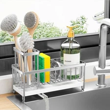 Cisily Silver Sponge Holder for Kitchen Sink, Sink Caddy Organizer with High Bru