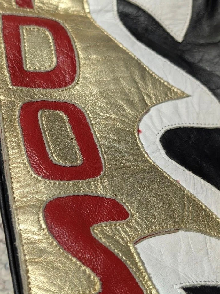 Pantalones de cuero personalizados BANDITOS de colección de los años 90 36x32 moto club MC motociclista llama Foto 4 de 4