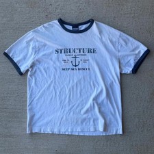 Vintage 90s Structure Marine Deep Sea Rescue Anchor Ringer Tee USA Made Mens L