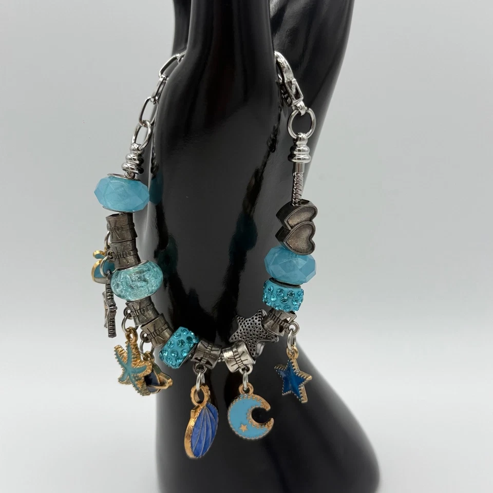 Pulsera azul aguamarina con cuentas océano mar estrella de mar luna joyería Foto 2 de 4