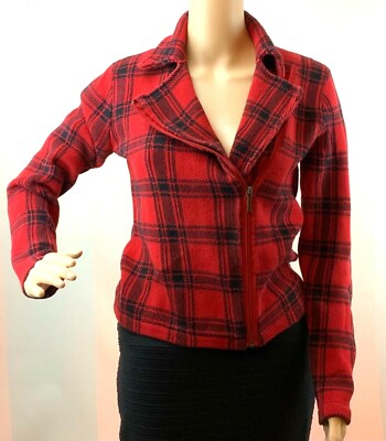 Chaps Sweater Jacket Women Size Small Red Plaid Side Zip Collared Red Plaid 
