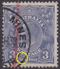 Aust KGV 3d Blue. Flaw: White Spot on Oval Above 'TH' in THREE. USED (1378)