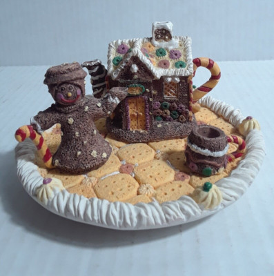 Vintage Miniature Tea Set Gingerbread House Woman Plate & Cup Resin 4 Pc.
