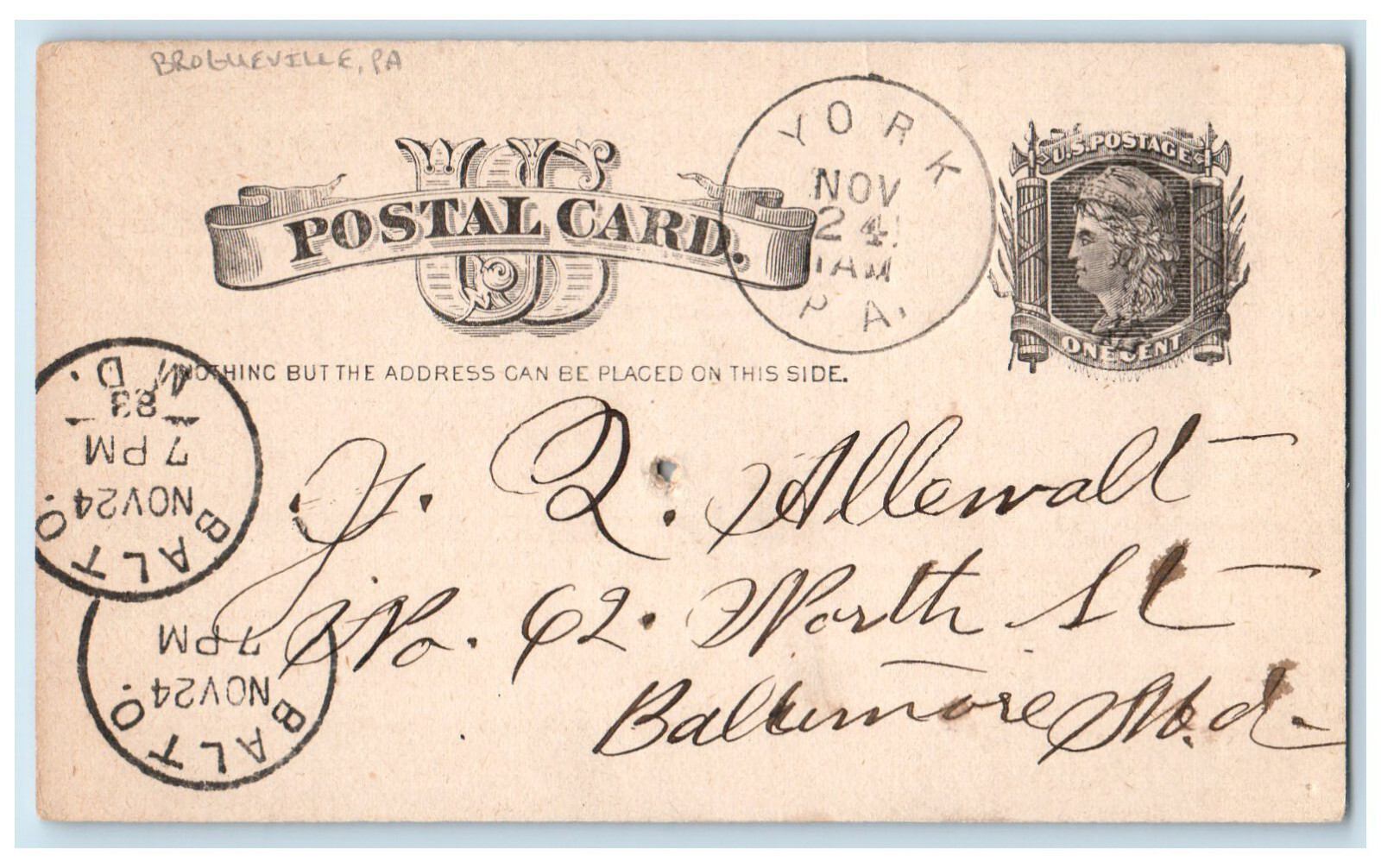 1883 J Allewalt York PA Brogueville Pennsylvania PA Antique Posted