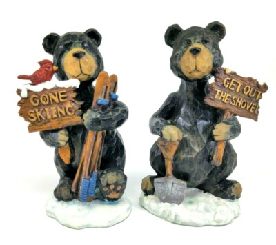 Black Bear Lot Of 2 Resin Cabin Figurines Grizzly Gone Skiing Get the Shovel