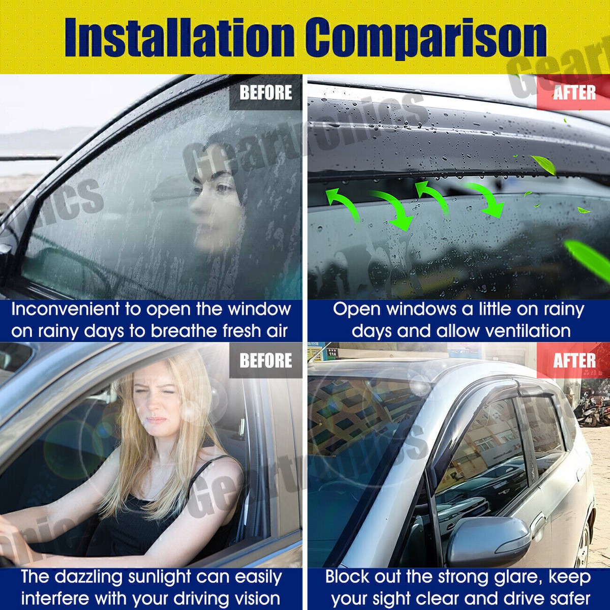 External Tape-on Wind Deflectors 4-Piece Window Visor Set For 1997-2001 Toyota Camry Sedan - Gloss Black Rain Guards / Wind Deflectors (Tape-On) Rear Car & Truck Sun Visors, Wind & Bug Deflectors