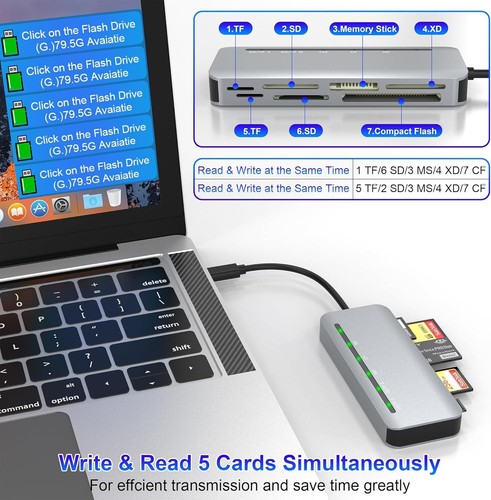 USB C Multi Card Reader 7-in-1 Aluminum SD/Micro SD/CF/MS/XD Card Reader, 5Gbps - Picture 6 of 9