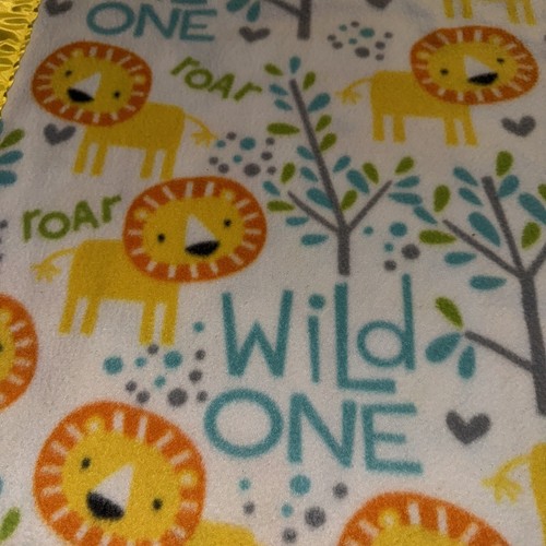 Vintage Baby Blanket Satin Trim Lion Trees Roar Wild One Handmade Bright Yellow - Picture 4 of 6