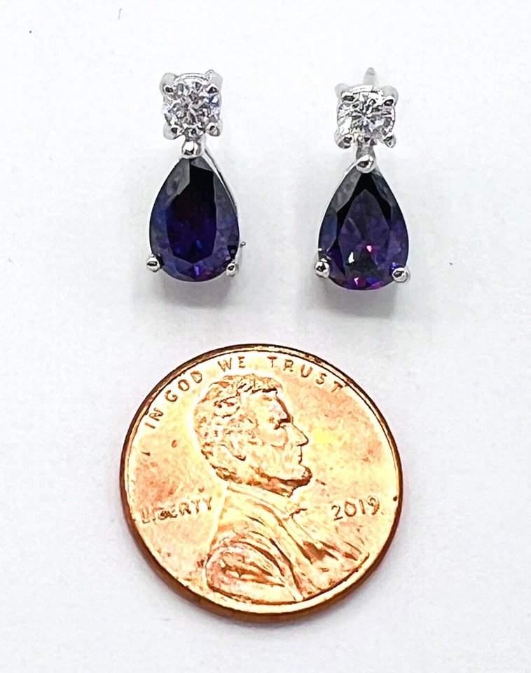 Rhodium Plated 925 Sterling Silver Purple Amethyst CZ Stud Earrings - Image 4 of 4