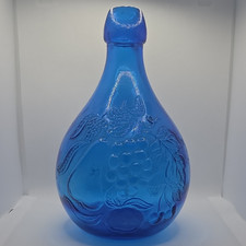Unmarked Blue Art Glass Bottle, Embossed Grapes & Leaves, 1900-1919