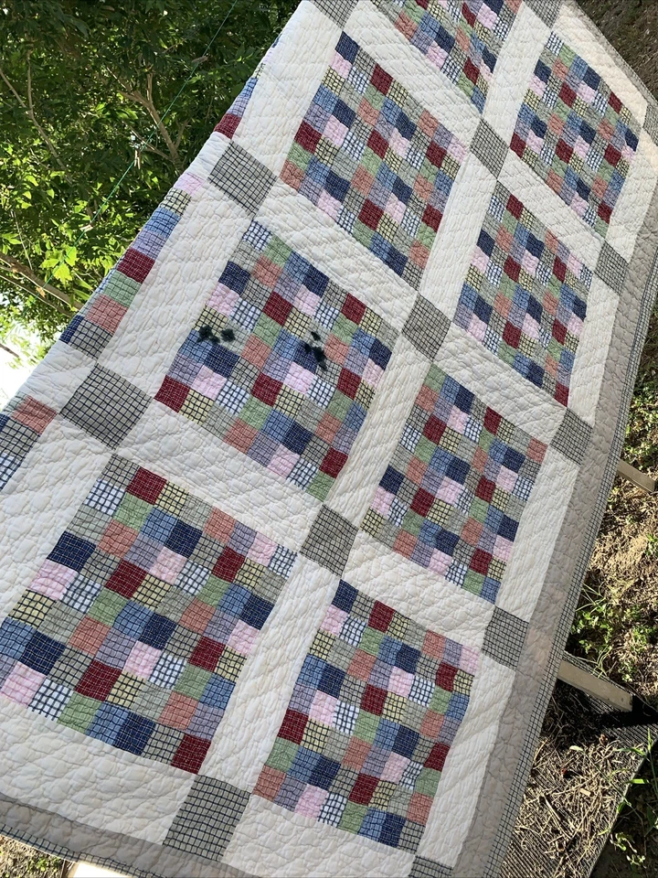 Nautica Twin Size folk art Quilt  Red Blue Patchwork  geometric Plaid Cotton - Image 2 of 4