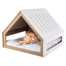Indoor Dog House Bed - Wood Doghouse with Soft Cushion and Air Vents - 29.5x2...