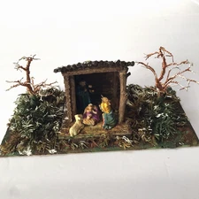 Vintage Manger Scene Nativity Baby Jesus Christmas Copper Trees Rustic Holiday
