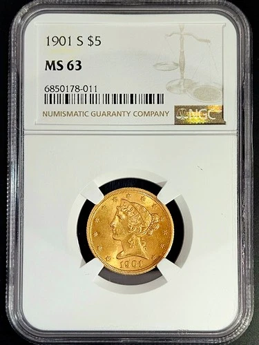 NGC MS63 1901-S Liberty $5 Gold Eagle 0.2419 Oz Gold US Coin 6850178-011