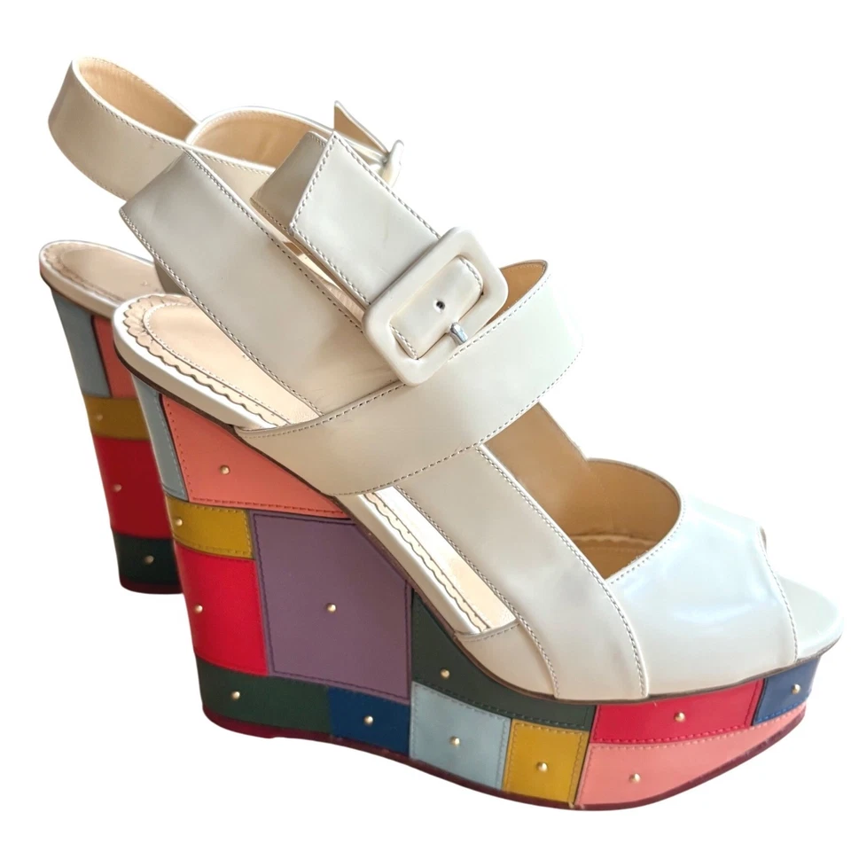 $1366 *RARO* CHARLOTTE OLYMPIA Mosaico Plataforma Cuña Bloques de Color Sandalias Talla 8 Usadas en Excelente Condición Foto 3 de 4