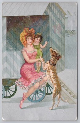 Vintage Comic Postkarte Frau Kind fällt Wagen Dalmatiner Hund 1915 PFB geprägt