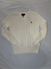 Polo Ralph Lauren Sweater Kids 7 White Cable Knit Cotton Crew Neck Pony Logo