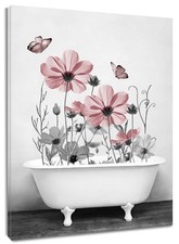 Pink Floral Wall Art for Living Room,Pink and Grey Wildflower Butterfly in Ba...