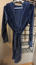 Lands End Unisex Kids Navy Fleece-Bathrobe w/hood-Size 14 EUC-Flame Retardent