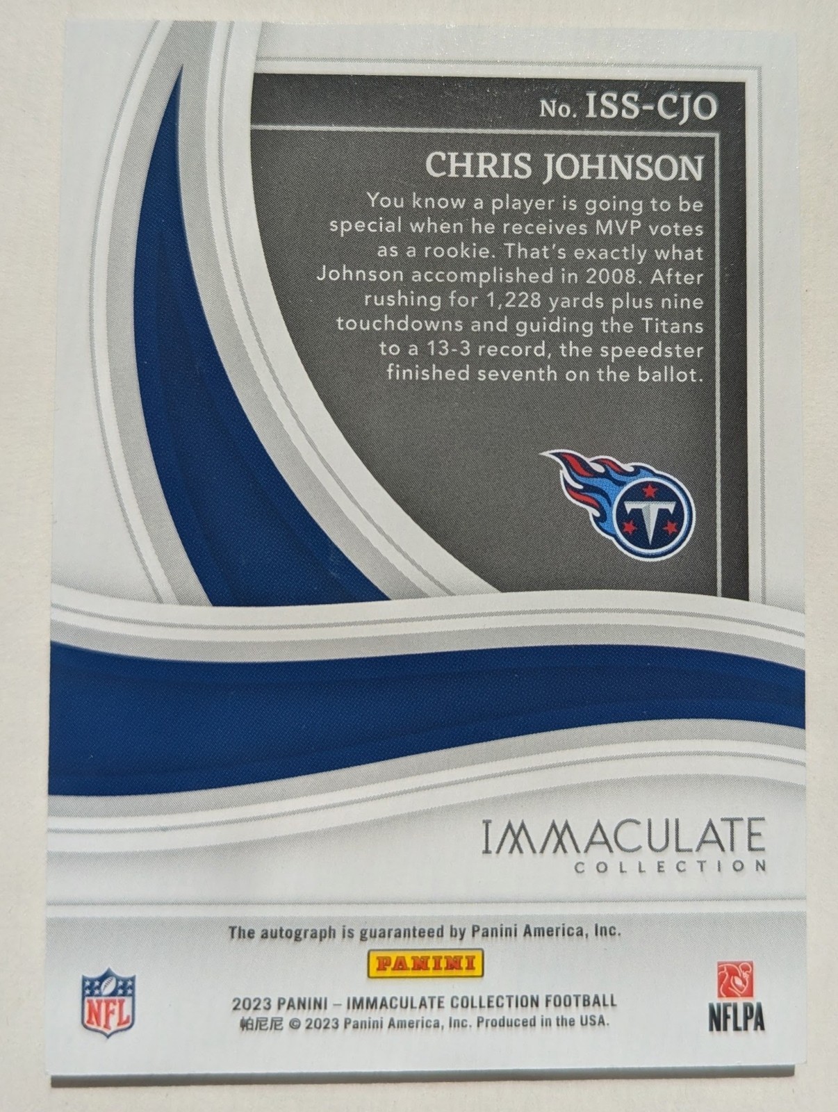 Panini 2023 Immaculate Collection Chris Johnson Titans Auto #ISS-CJO /49 view 2