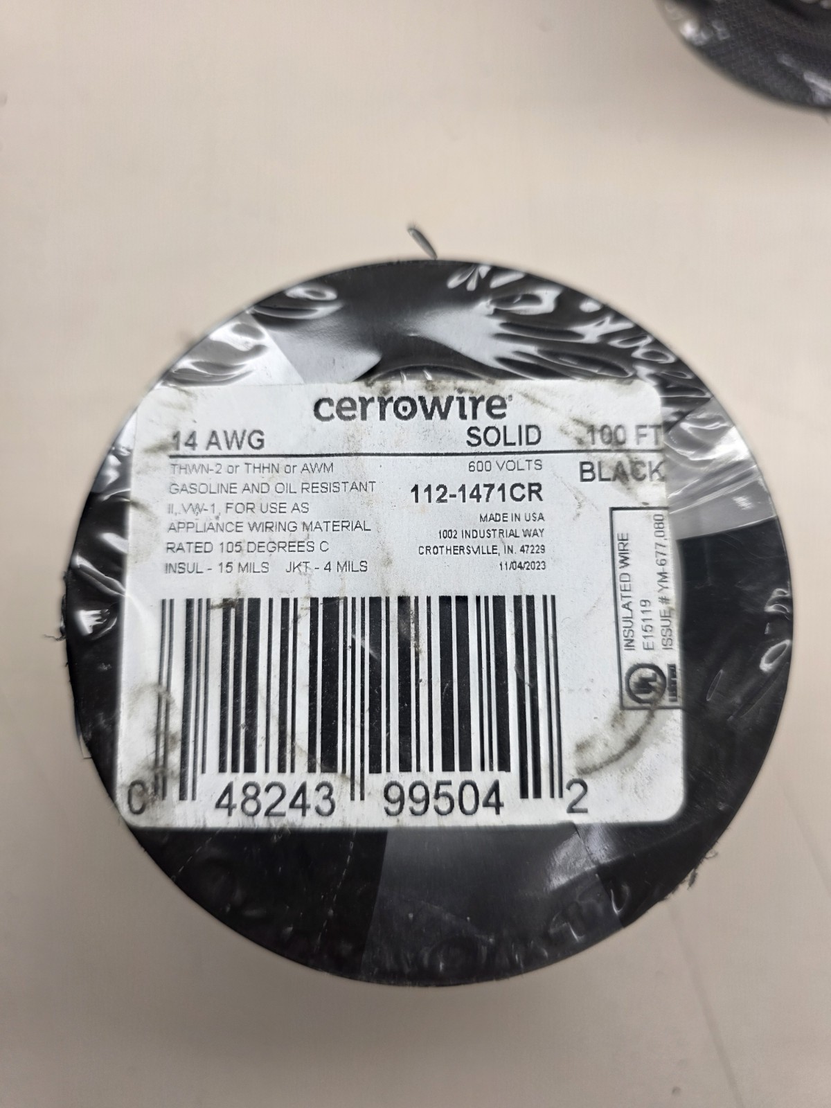 (1) NEW Cerrowire/Southwire 100' 14 AWG Solid Copper THHN Wire, Black